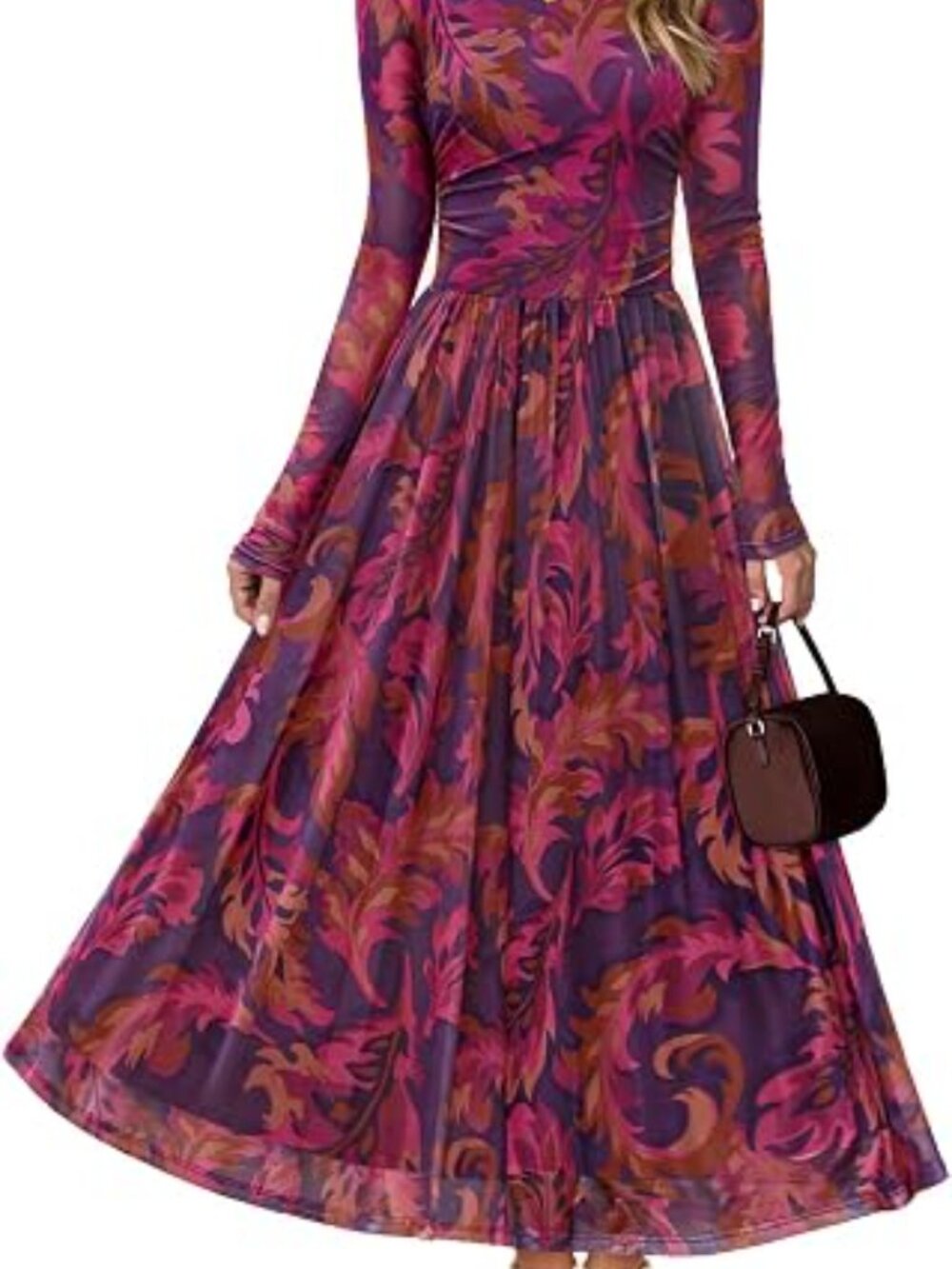 Women's Fall Wedding Guest Cocktail Long Sleeve Floral Maxi Dress - Picture 5 of 5